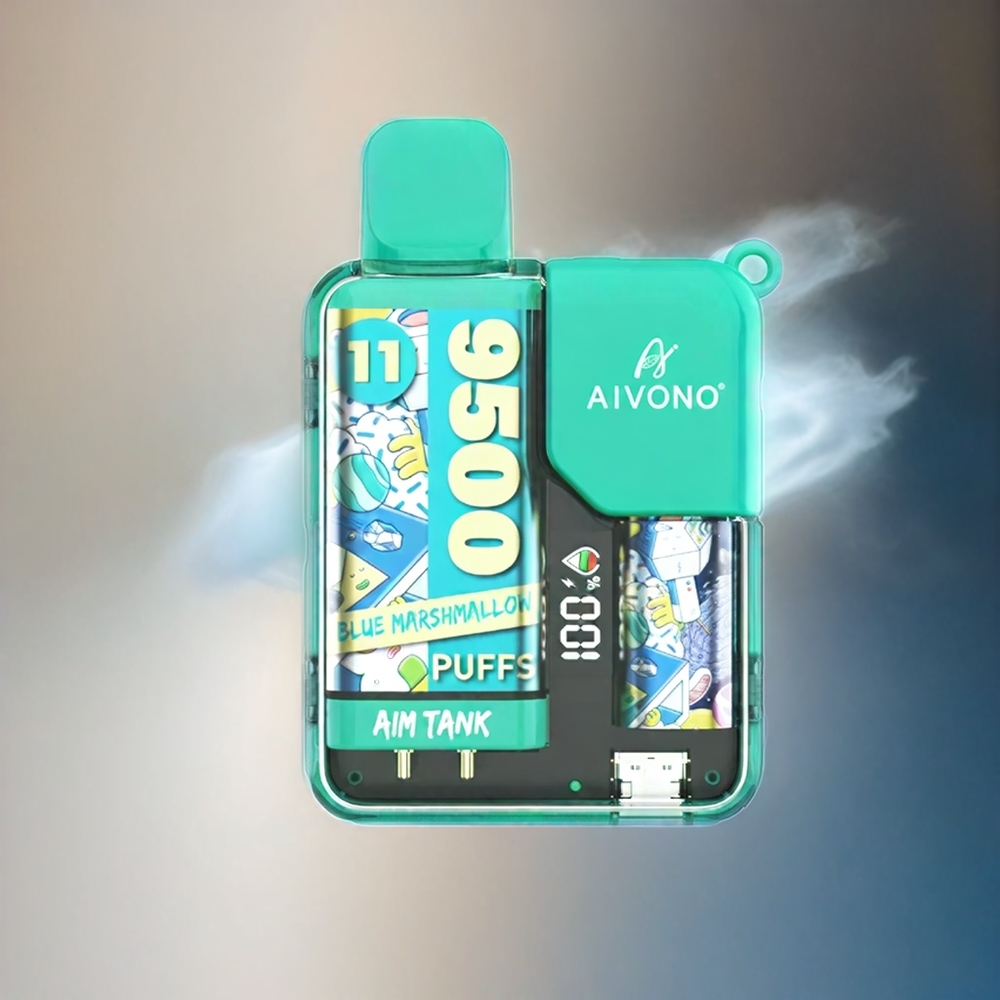 Aivono AIM-tank 9500 Puffs France Grosiste - Jusqu'à 9500 Puffs, 18 ml e-liquide, 650mAh, Ecran LCD, 0% / 2% / 3% / 5% de nicotine, 1,2 ohm de bobine de maillage, Bleu Guimauve