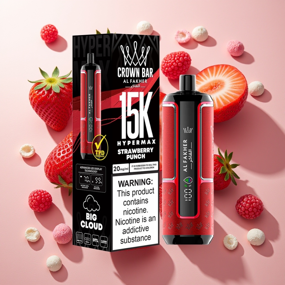 Al Fakher Crown Bar 15K Hypermax France Grossiste - Kit de Vape Jetable 22ml, 600mAh, 15 000 Puffs, Fraise Punch (6mg, DTL)