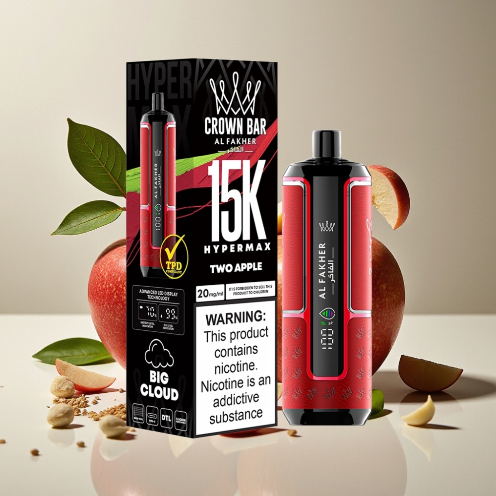 Al Fakher Crown Bar 15K Hypermax France Grossiste - Kit de Vape Jetable 22ml, 600mAh, 15 000 Puffs, Type-C, DTL, 6mg, Deux Pommes