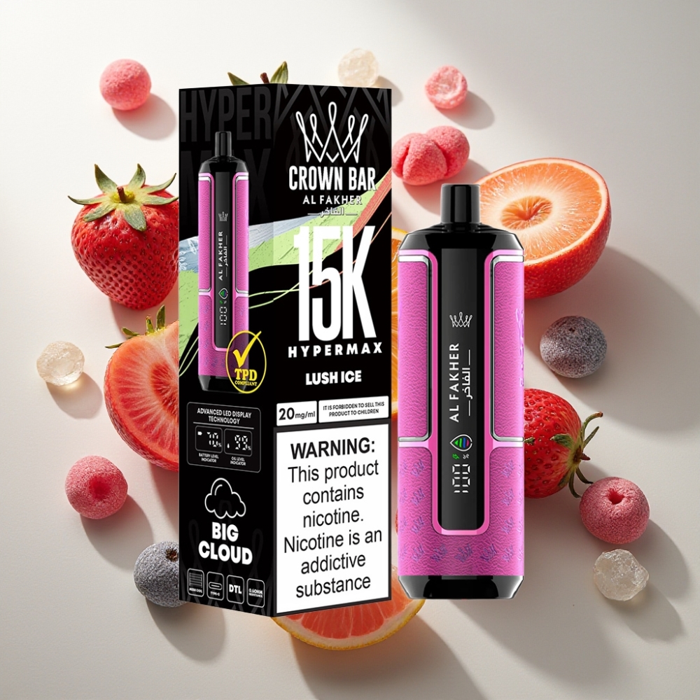 Al Fakher Crown Bar 15K Hypermax Kit Jetable France Grossiste – 22ml, 600mAh, 15 000 Puffs, Type-C, DTL, 6mg, Design Compact et Léger, Glace Luch