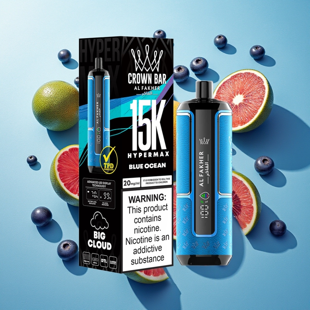 Al Fakher Crown Bar 15K Hypermax Kit Jetable France Grossiste – 22ml, 600mAh, Type-C, 15 000 Bouffées, DTL, 6mg, Bleu Océan