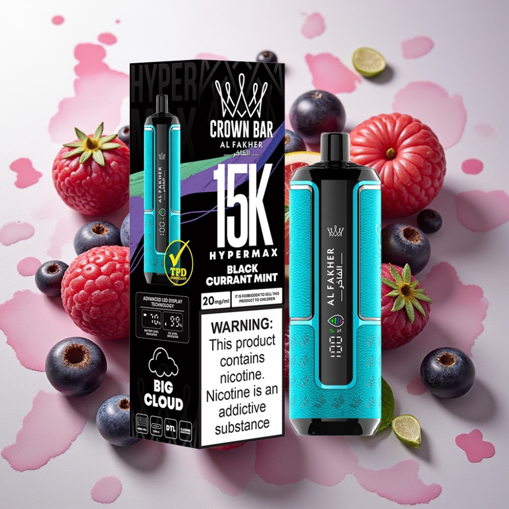 Al Fakher Crown Bar 15K Hypermax Vape Jetable Kit Cassis Menthe - France Grossiste - 22ml, 600mAh, Type-C, 15 000 Puffs