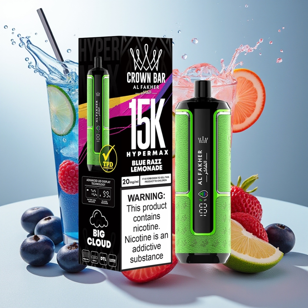Al Fakher Crown Bar 15K Hypermax Vape Jetable Kit France Grossiste - 22ml, 600mAh, 15 000 Puffs, DTL, 6mg, Bleu Framboise Citron (Blue Razz Lemonade)