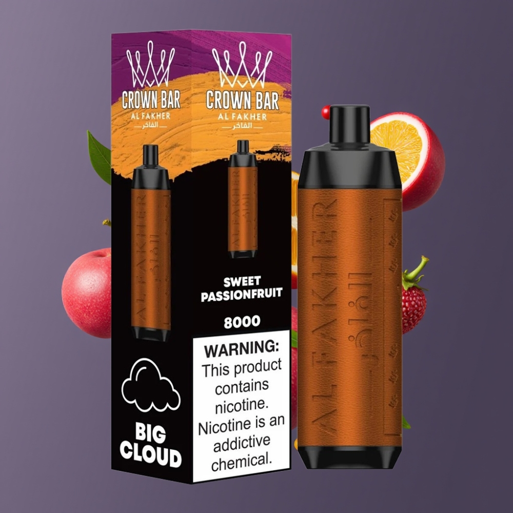 Al Fakher Crown Bar 8000 Crystal France Grossiste - Douce Fruit de la Passion, 18ml, 5mg, 8000 Puffs, USB Type-C