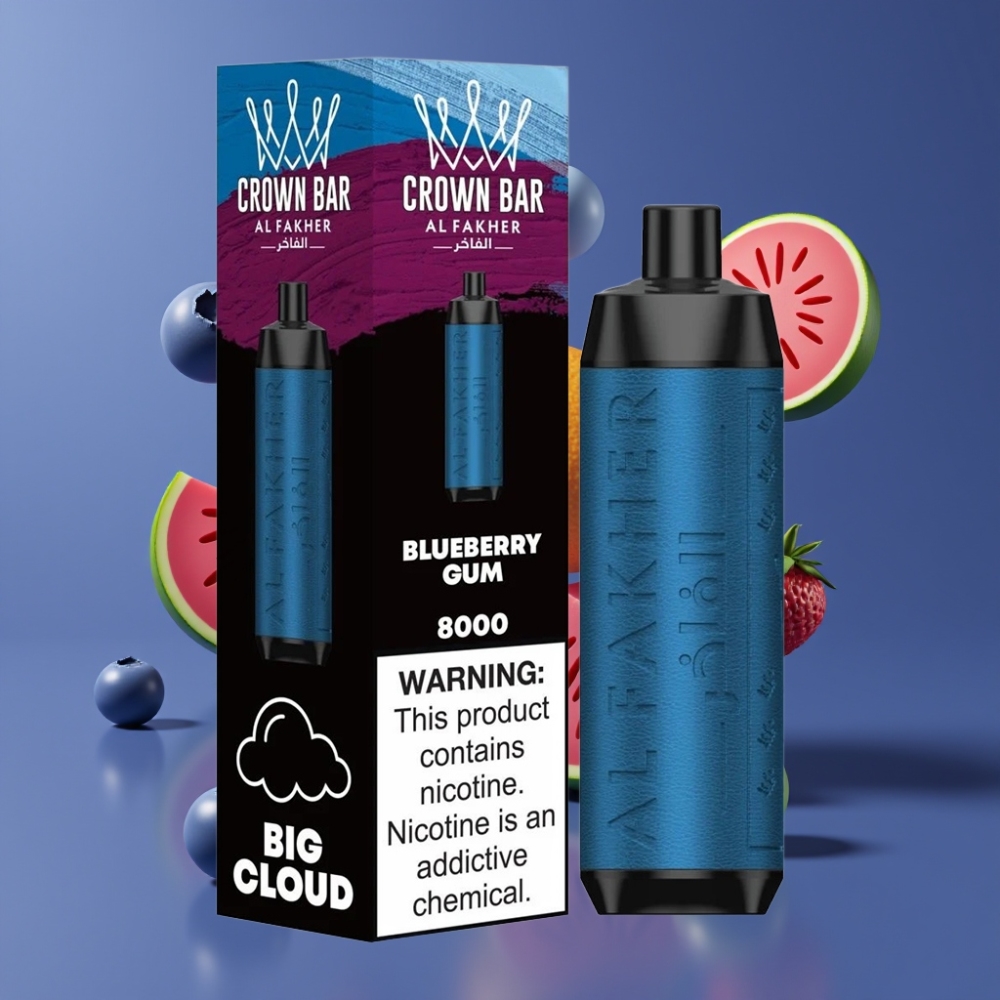 Al Fakher Crown Bar 8000 Crystal France Grossiste - E-liquide 18ml, 5mg Nicotine, Jusqu'à 8000 Puffs, Charge USB Type-C, Gomme Myrtille (Blueberry Gum)