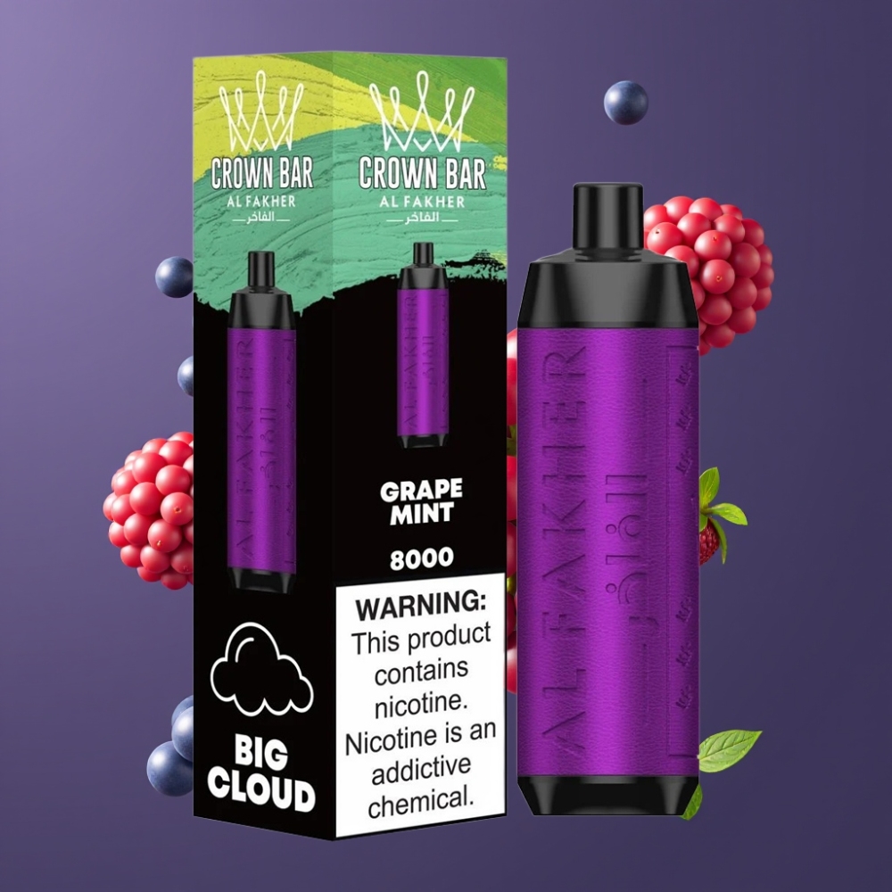 Al Fakher Crown Bar 8000 Crystal Vape Jetable France Grossiste - 600mAh, 18ml, 8000 Puffs, Raisin Menthe