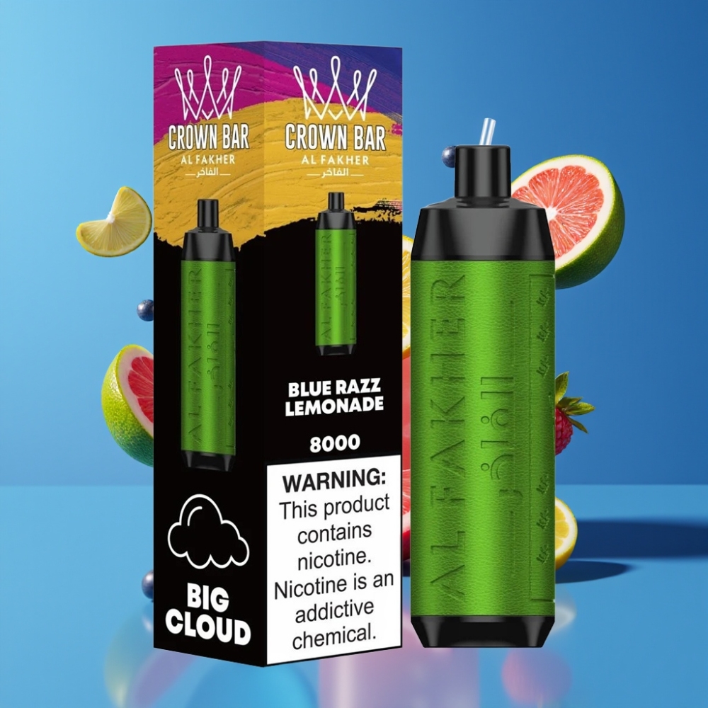 Al Fakher Crown Bar 8000 Crystal Vape Jetable France Grossiste - Batterie 600mAh, 18ml de E-Liquide, 8000 Puffs, Myrtille Citronnée (Blue Razz Lemonade)
