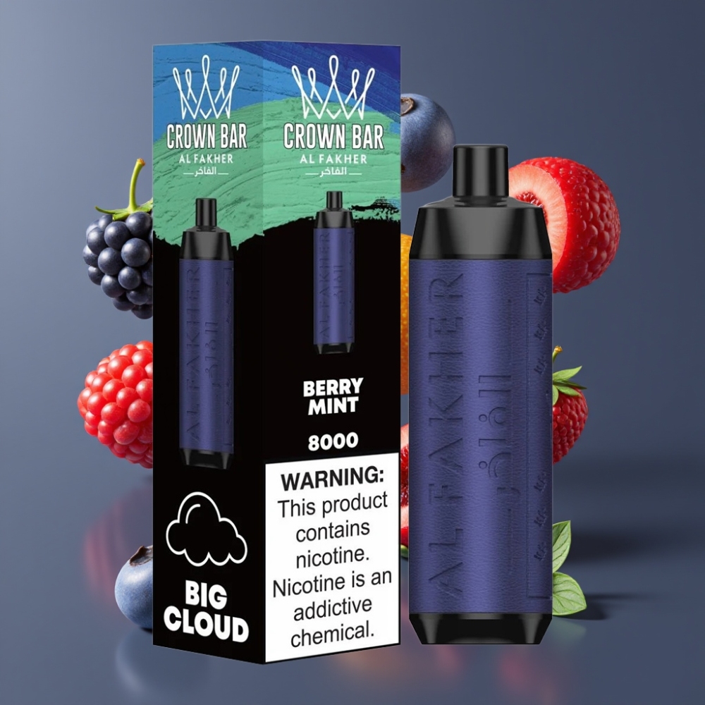 Al Fakher Crown Bar 8000 Crystal Vape Jetable France grossiste - Batterie 600mAh, 18ml de e-liquide, 0.6 ohm, Menthe Baie (Berry Mint)