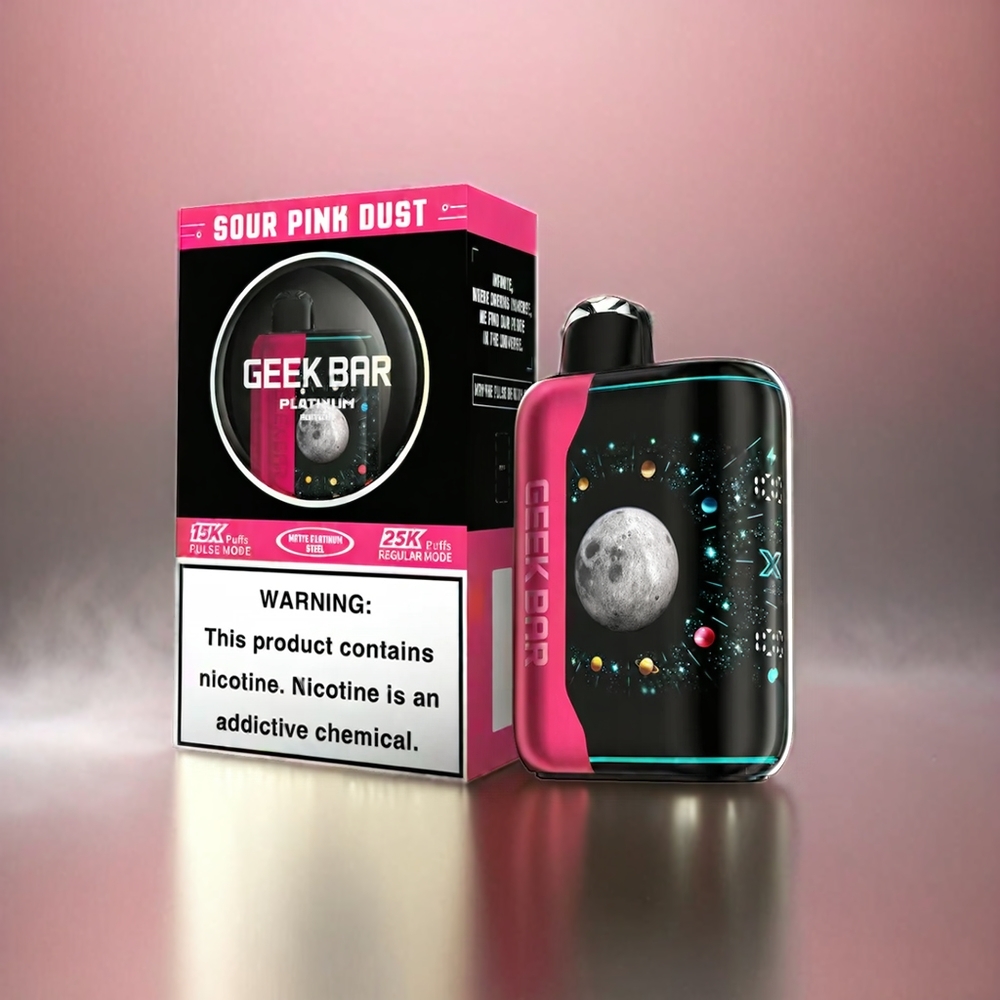 Geek Bar France Grossiste Platinum Edition AVEC 25000 Puffs, Mode Pulse, Finition Acior Platine Mat, Écran Courbe 3D Dynamique et Sour Pink Dust 2%
