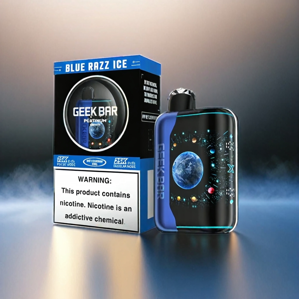 Geek Bar France Grossiste Platinum Édition - 25000 Puffs - Écran Courbe 3d - Finition Acior Platine Mat - Blue Razz Ice