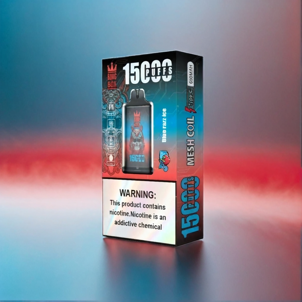 Bang Box 15000 Puffs France Grosiste - 23 ml e-liquide, batterie 650mAh, USB Type-C, Glace Bleu Framboise, 0% / 2% / 3% / 5% de nicotine