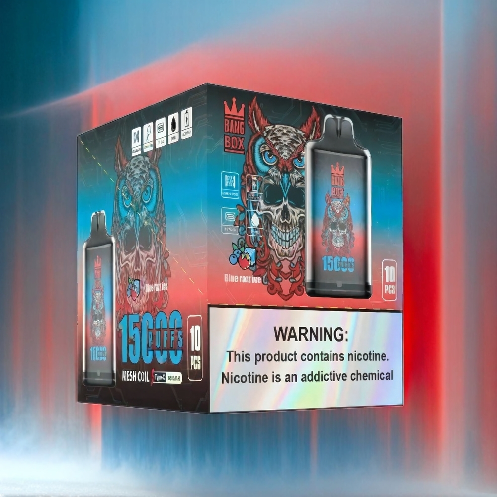 Bang Box 15000 Puffs France Grosiste - 23 ml e-liquide, batterie 650mAh, USB Type-C, Glace Bleu Framboise, 0% / 2% / 3% / 5% de nicotine