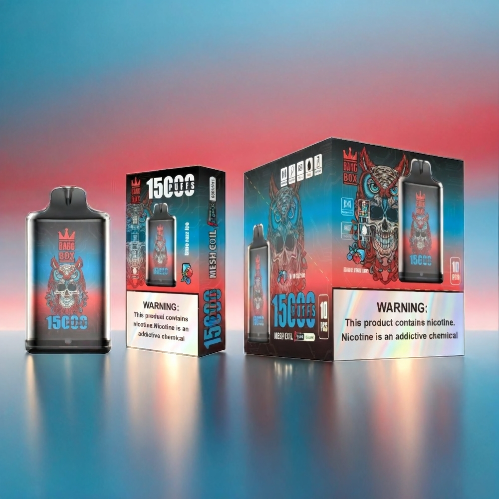 Bang Box 15000 Puffs France Grosiste - 23 ml e-liquide, batterie 650mAh, USB Type-C, Glace Bleu Framboise, 0% / 2% / 3% / 5% de nicotine