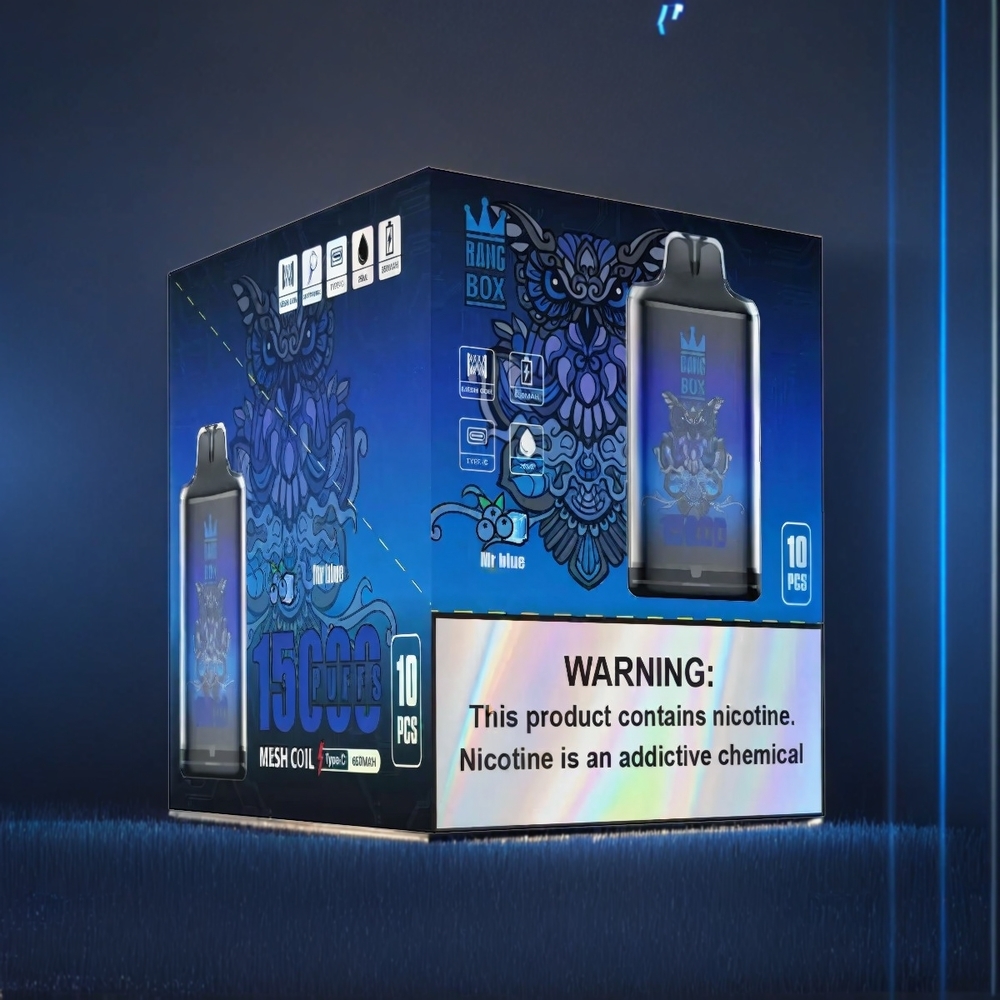Bang Box 15000 Puffs France Grosiste - 23 ml e-liquide, nicotine 0% / 2% / 3% / 5%, batterie 650mAh, Type-C, Bleu MR