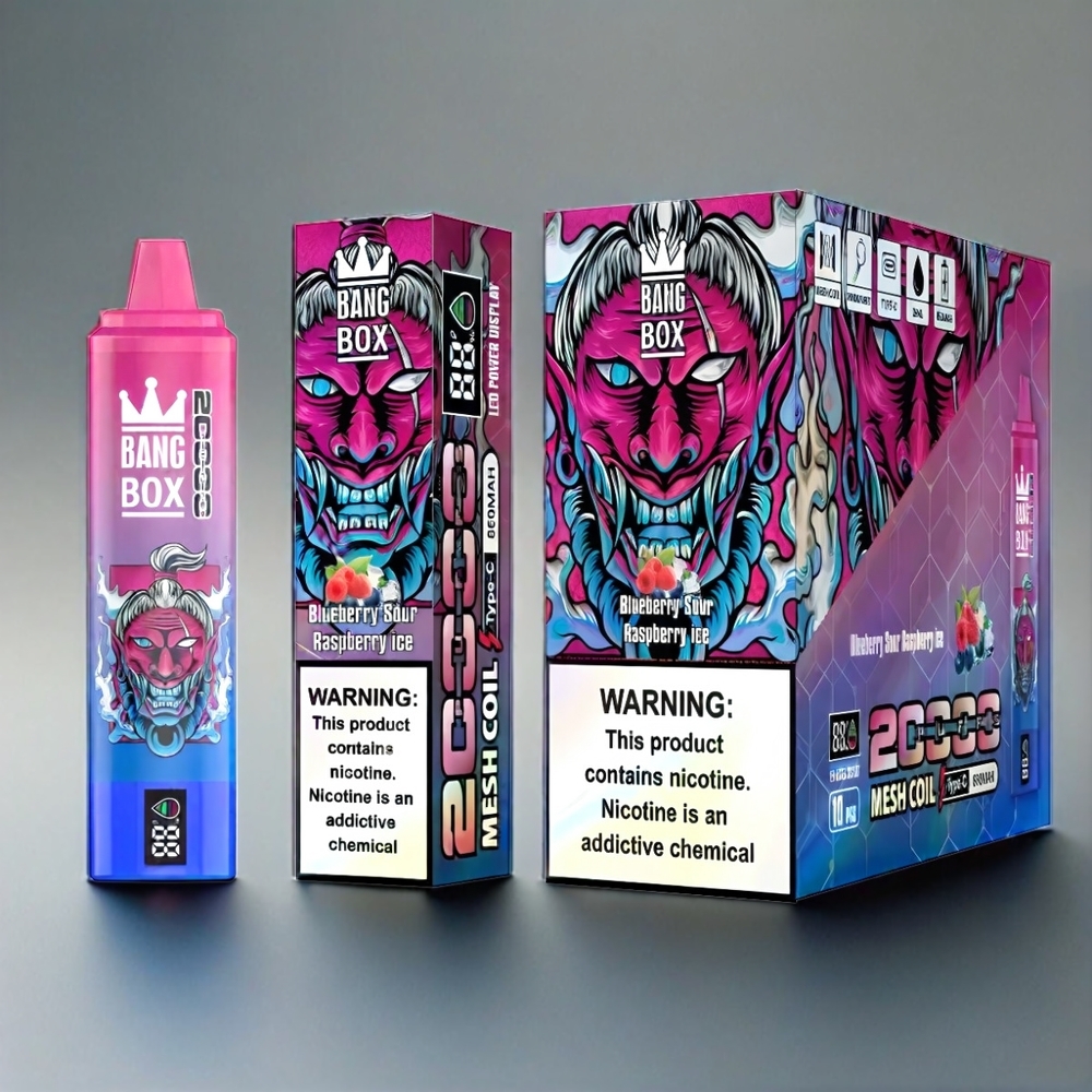 Bang Box 20000 Puffs France Grosiste - 0% -5% de nicotine, 35 ml e-liquide, rechargeable 850mAh, Bleu Framboise acidulée glacée