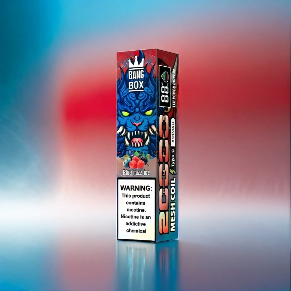 Bang Box 20000 Puffs - France Grosiste - 35 ml - 0% à 5% de nicotine - 12 sauvegardes - Blue Razz Ice (Framboise Bleue Glacée)