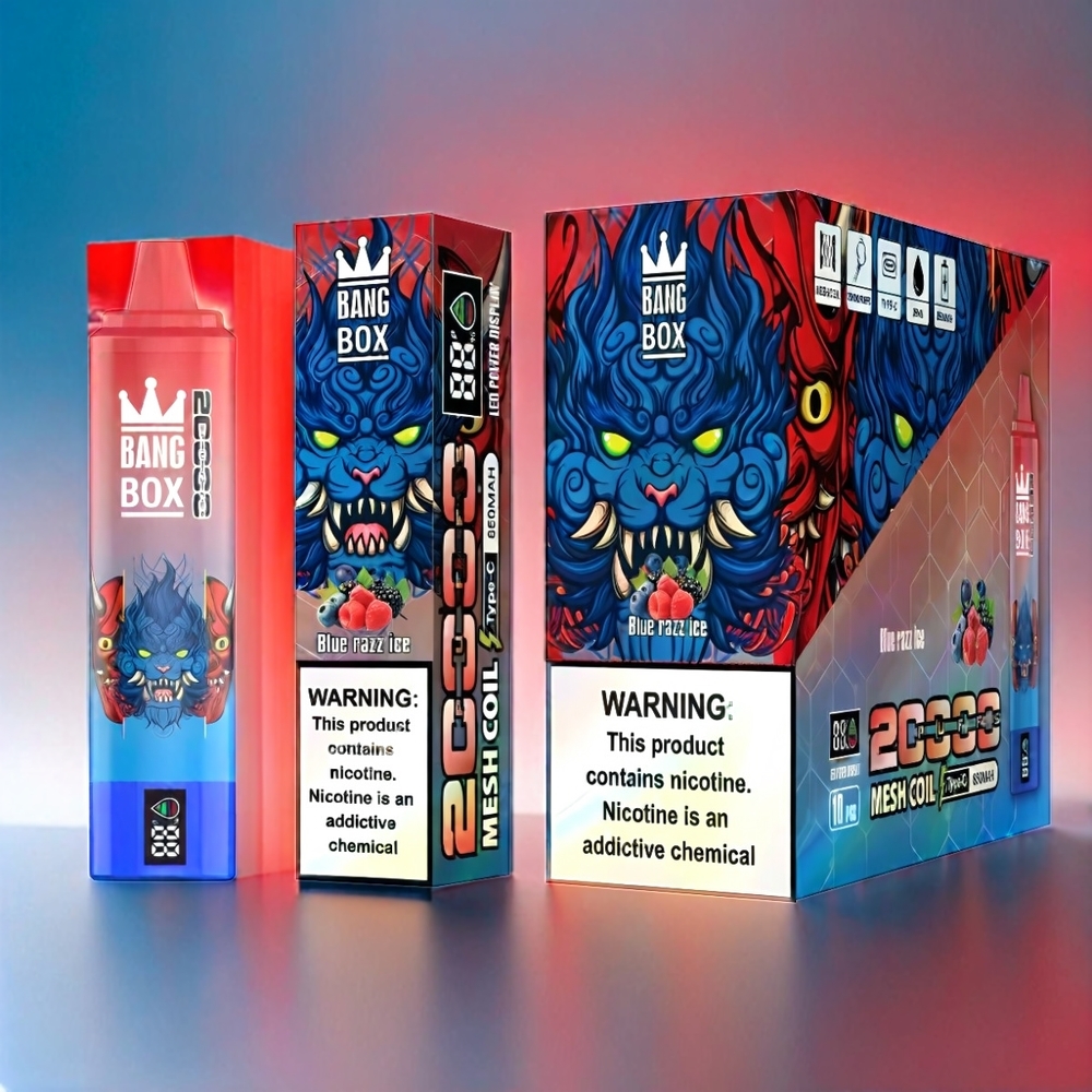Bang Box 20000 Puffs - France Grosiste - 35 ml - 0% à 5% de nicotine - 12 sauvegardes - Blue Razz Ice (Framboise Bleue Glacée)