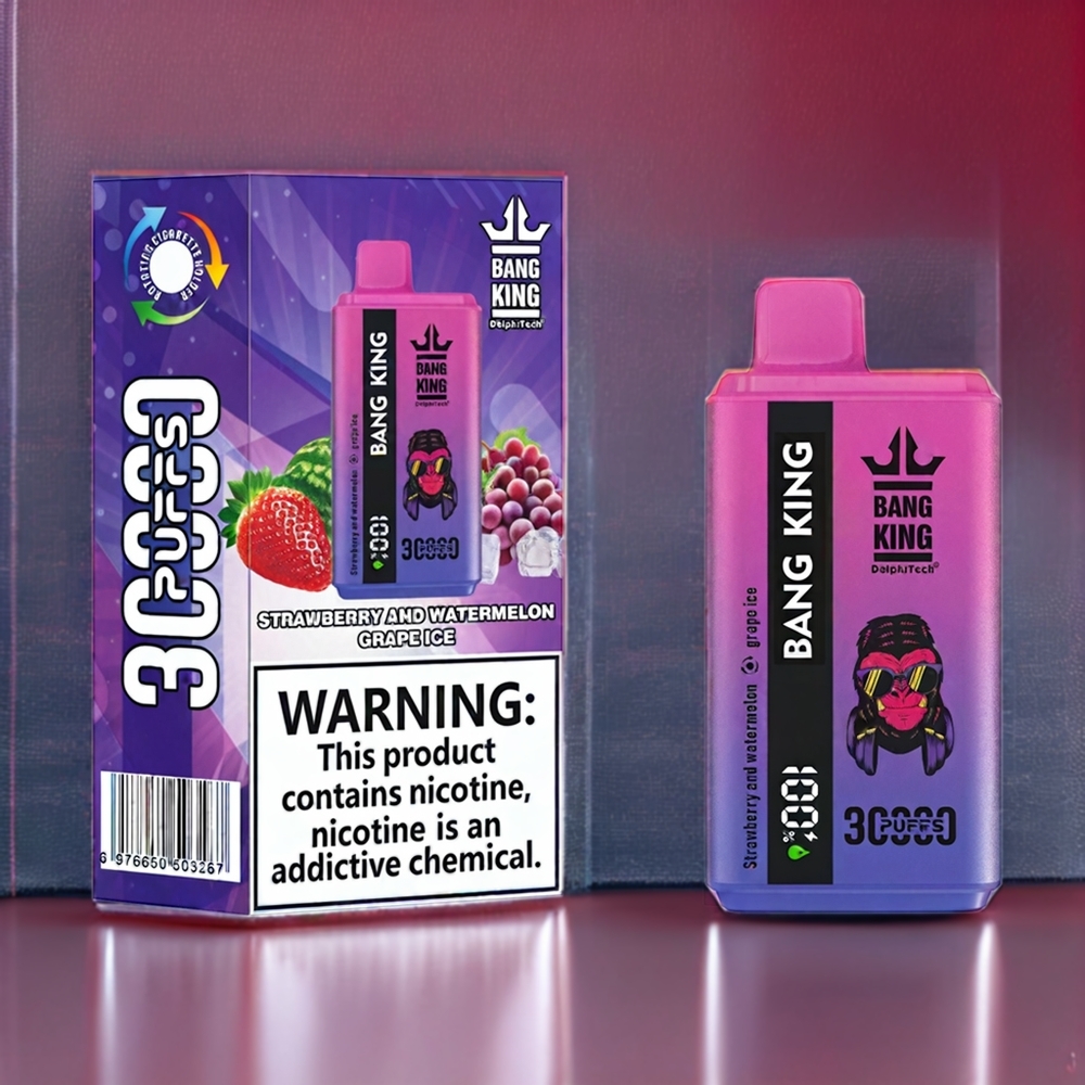 Bang King 30000 Puffs France Grossiste - Dispositif de Vape Jetable avec 36ml de E-Liquide et Double Bobine Mesh 1.2 - Fraise, Pastèque et Raisin Glacé