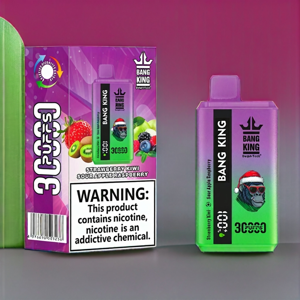 Bang King 30000 Puffs France Grossiste - E-Liquide 36ml, Batterie 550mAh, Double Bobine 1.2 Mesh, Port Type-C - Fraise Kiwi Pomme Acidulée Framboise