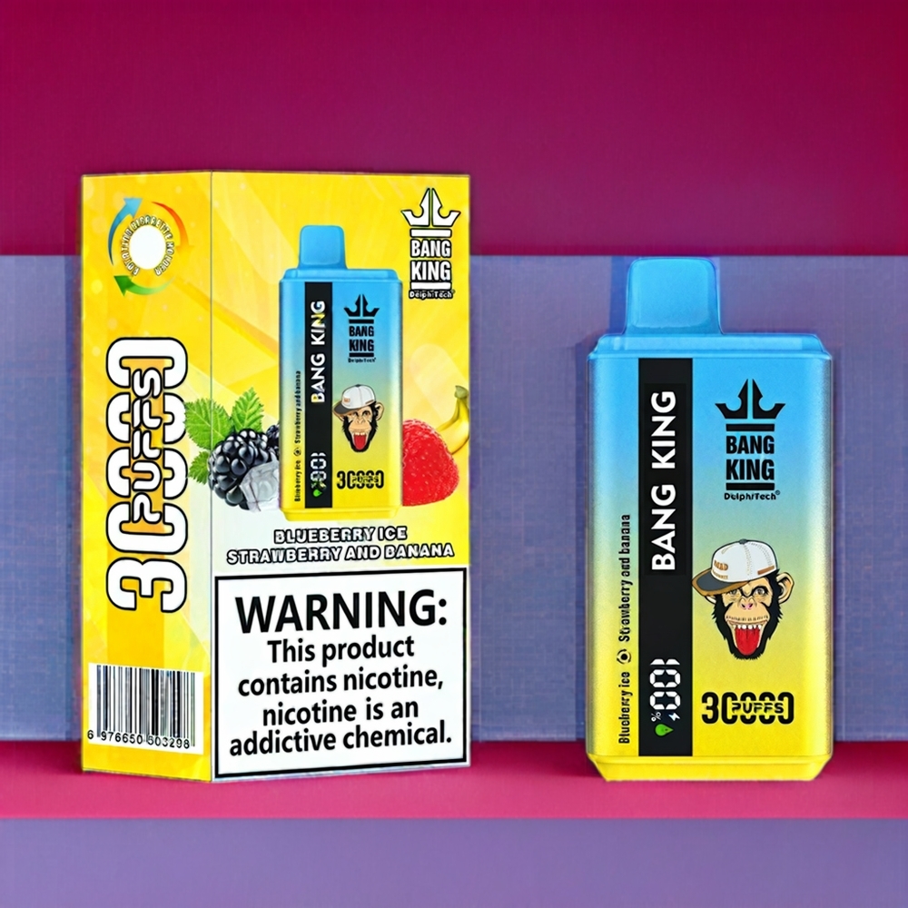 Bang King 30000 Puffs France Grossiste Vape jetable Glace Myrtille Fraise Banane - 36ml, 550mAh, Double Bobine Mesh 1.2Ω, Port Type-C