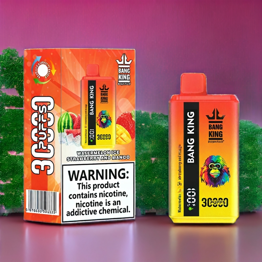 Bang King 30000 Puffs France Grossiste Vape jetable - Pastèque Glacée, Fraise et Mangue - 36ml, 550mAh, Double Bobine Mesh 1.2Ω, Port Type-C