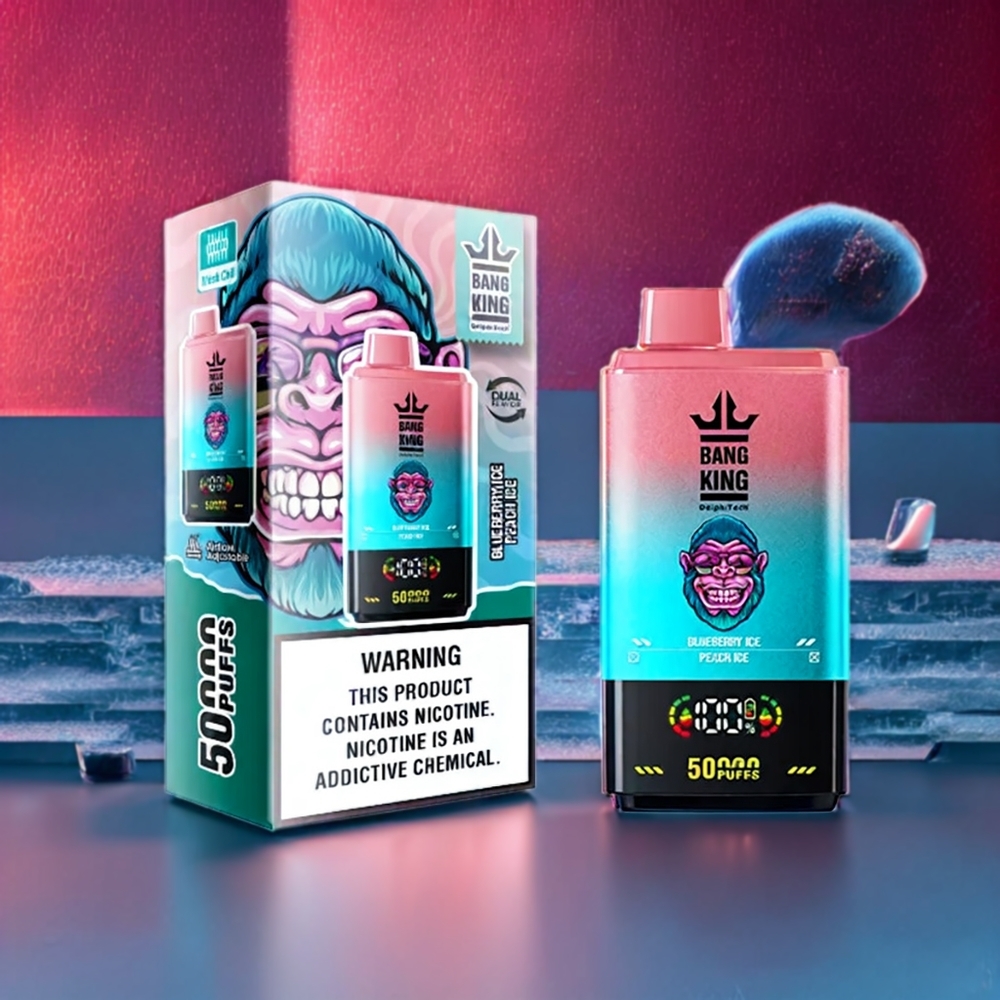 Bang King 50000 Vape Jetable France Grossiste - 50ml, 850mAh, Bobine Mesh 1.0, Myrtille Glacée, Pêche Glacée
