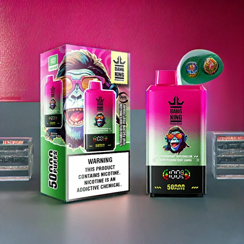 Bang King 50000 Vape jetable France Grossiste - 50ml, 850mAh, Bobine Mesh 1.0, Type-C, Fraise Pastèque Kiwi Fruit de la Passion Goyave