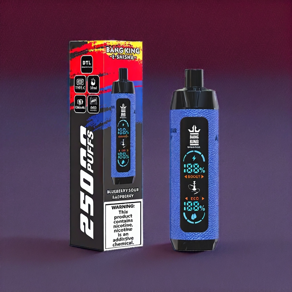 Bang King Shisha 25000 Puffs France Grossiste - 30ml, 650 mAh, Type-C, Mesh 0.6 Ohm, Myrtille Acidulée Framboise