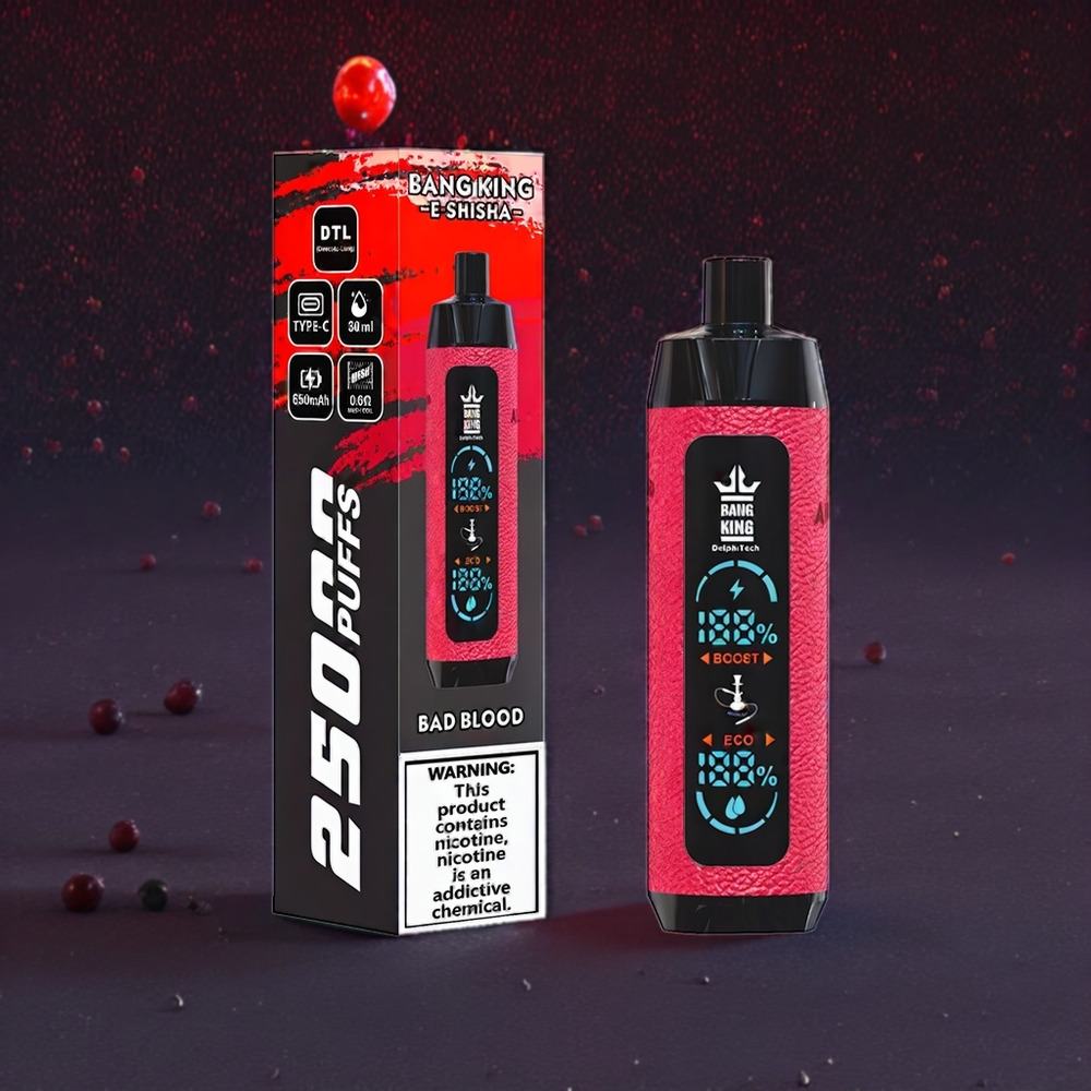 Bang King Shisha 25000 Puffs - France Grossiste - Dispositif Jetable - 30ml - 0.6 Ohm Mesh - Type-C - Sang Maudit