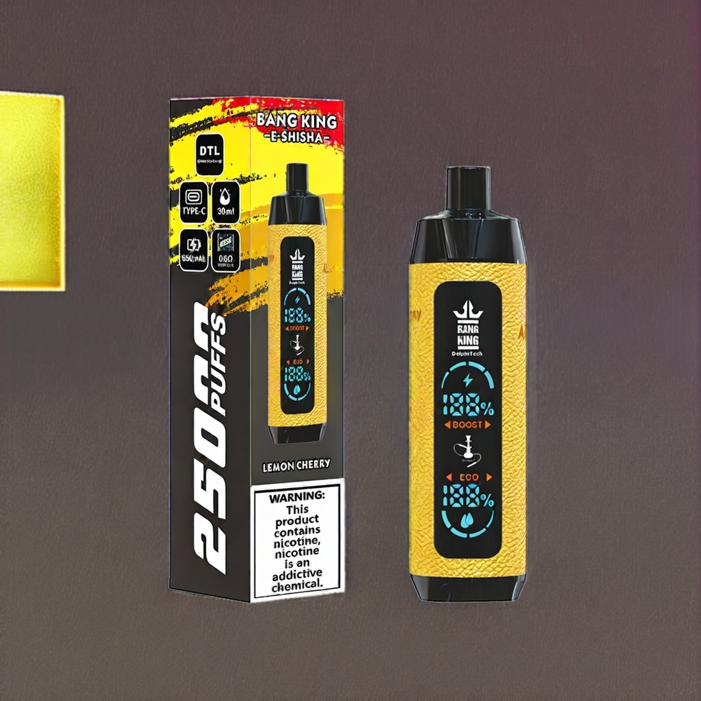 Bang King Shisha 25000 Puffs France Grossiste - Dispositif Jetable 30ml 650mAh avec Bobine Mesh 0.6Ω et Port Type-C - Saveur Cerise Citron (0%, 2%, 3%, 5%)