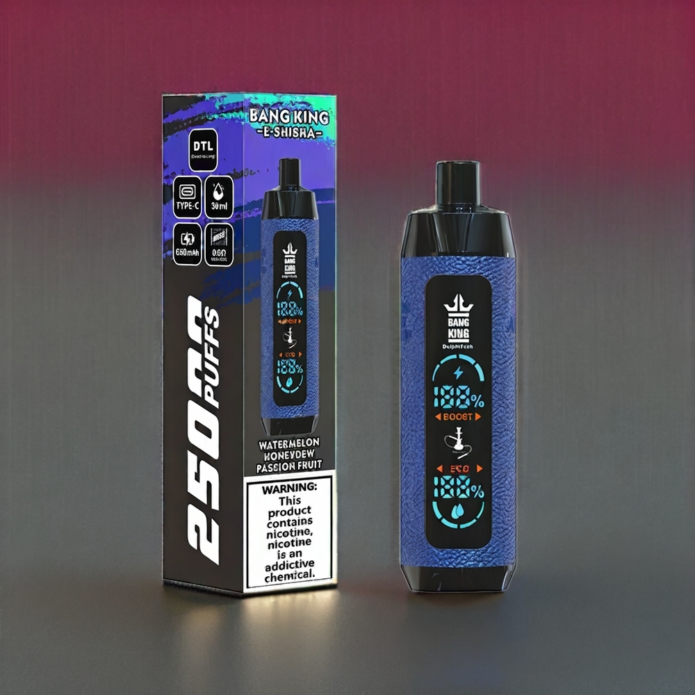 Bang King Shisha 25000 Puffs France Grossiste - E-Liquide 30ml, Batterie 650 mAh, Pastèque Melon Fruit de la Passion
