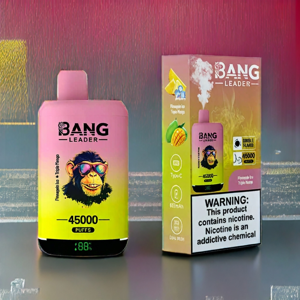 Bang Leader 45000 Puffs France Grossiste - Double Saveur Ananas Glacé et Triple Mangue - Écran Intelligent - Port USB Type-C - 0%, 2%, 3% ou 5% Nicotine