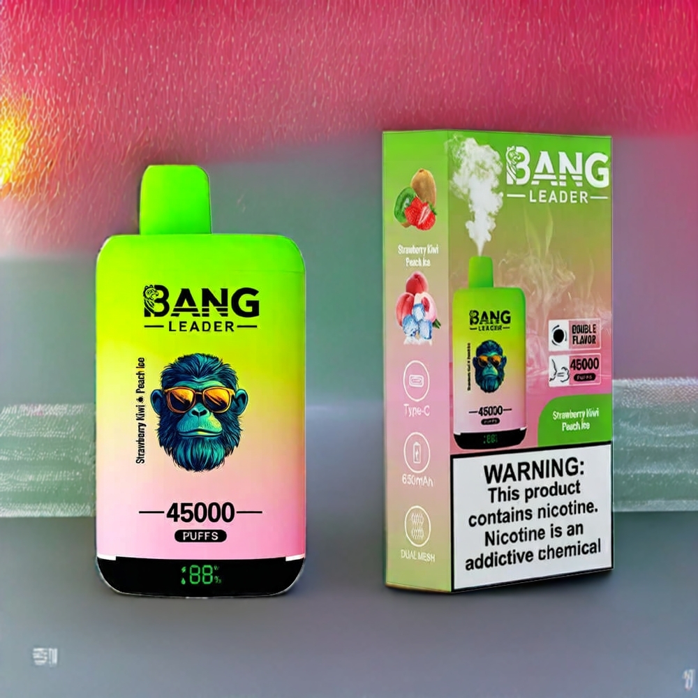 Bang Leader 45000 Puffs France Grossiste - Double Saveur Fraise Kiwi Pêche Glace - Écran Intelligent - Port USB Type-C - 0% à 5% Nicotine