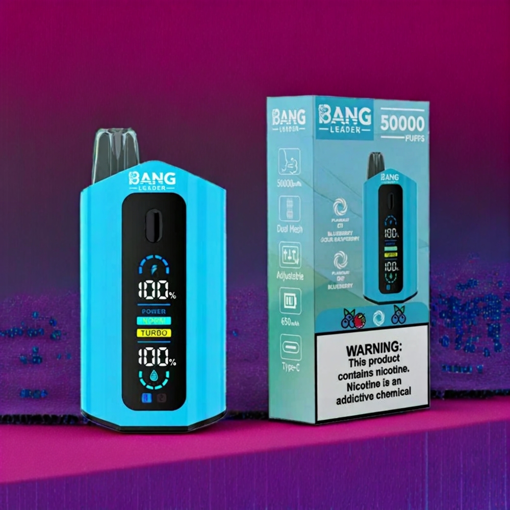 Bang Leader 50000 Puffs France Grossiste - E-liquide 36ml, Batterie 13400mAh, 0%-5% Nicotine, Type-C, Double Saveur Myrtille et Framboise Acidulée