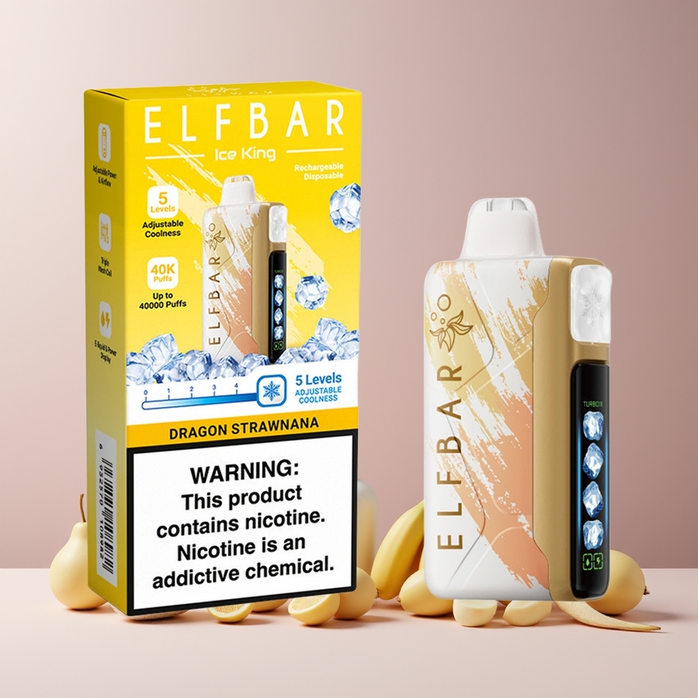 Elf Bar Ice King 40000 Puffs France Grossiste - 20ml E-Liquide Prérempli, 5% Nicotine, Batterie Rechargeable 850mAh, Affichage LCD, Dragon Fraise-Banane