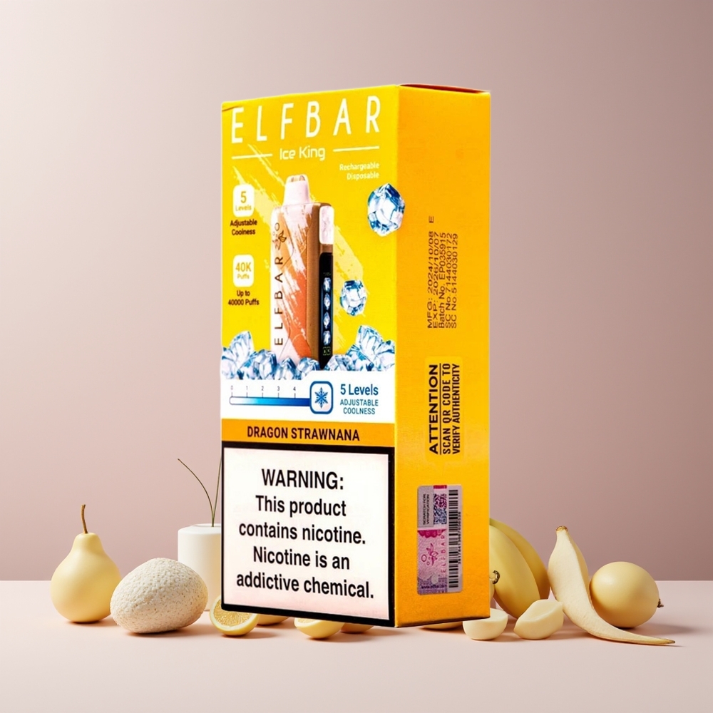 Elf Bar Ice King 40000 Puffs France Grossiste - 20ml E-Liquide Prérempli, 5% Nicotine, Batterie Rechargeable 850mAh, Affichage LCD, Dragon Fraise-Banane