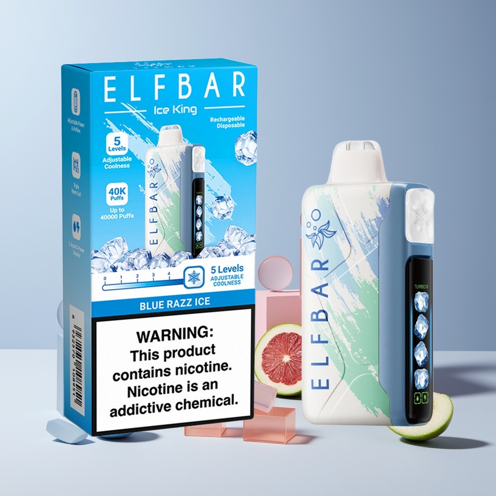 Elf Bar Ice King 40000 Puffs France Grossiste - 20ml E-Liquide Prérempli, 5% Nicotine, Batterie Rechargeable 850mAh, Affichage LCD, Framboise Bleue Glacée