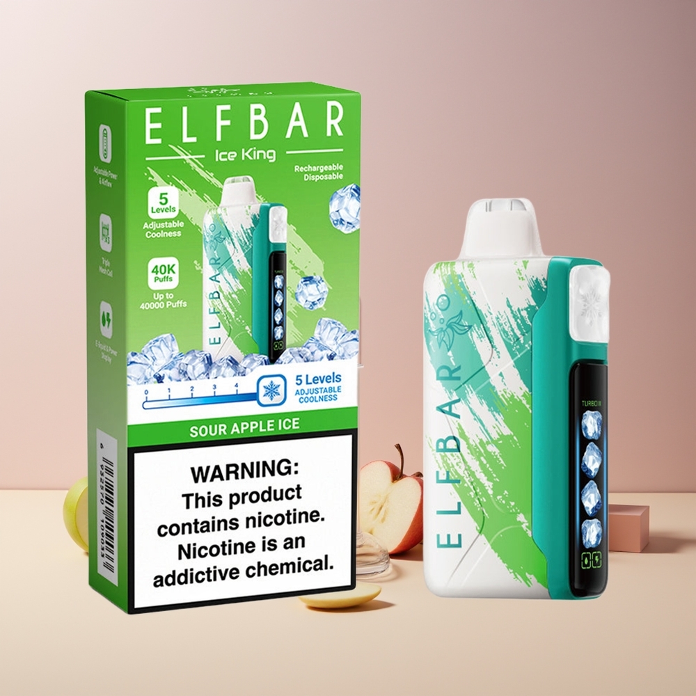 Elf Bar Ice King 40000 Puffs France Grossiste - 20ml E-Liquide Prérempli, 5% Nicotine, Batterie Rechargeable 850mAh, Affichage LCD, Pomme Acidulée Glacée