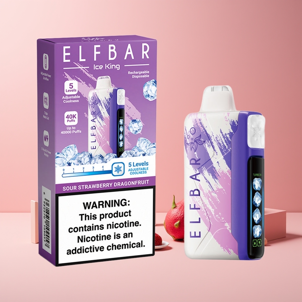 Elf Bar Ice King 40000 Puffs France Grossiste - 20ml E-Liquide Prérempli, 5% Nicotine, Batterie Rechargeable 850mAh, Fraise Acidulée Fruit du Dragon, Affichage LCD