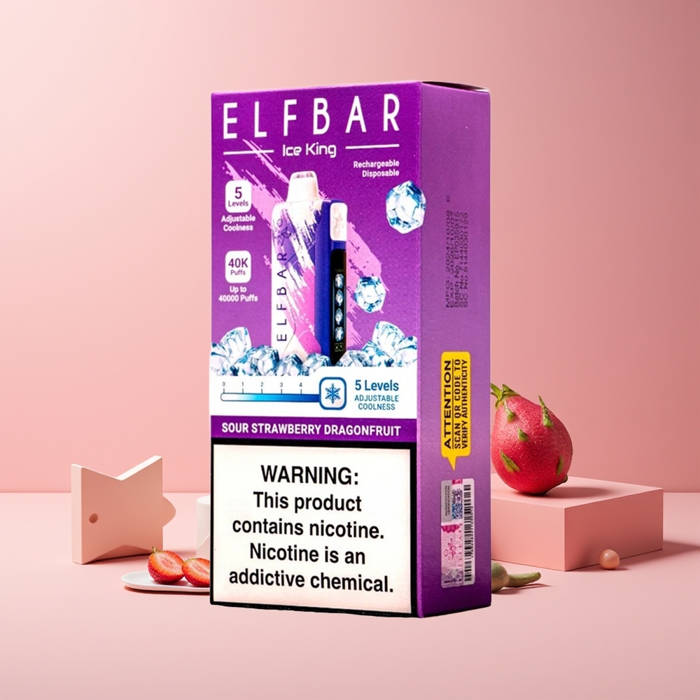 Elf Bar Ice King 40000 Puffs France Grossiste - 20ml E-Liquide Prérempli, 5% Nicotine, Batterie Rechargeable 850mAh, Fraise Acidulée Fruit du Dragon, Affichage LCD