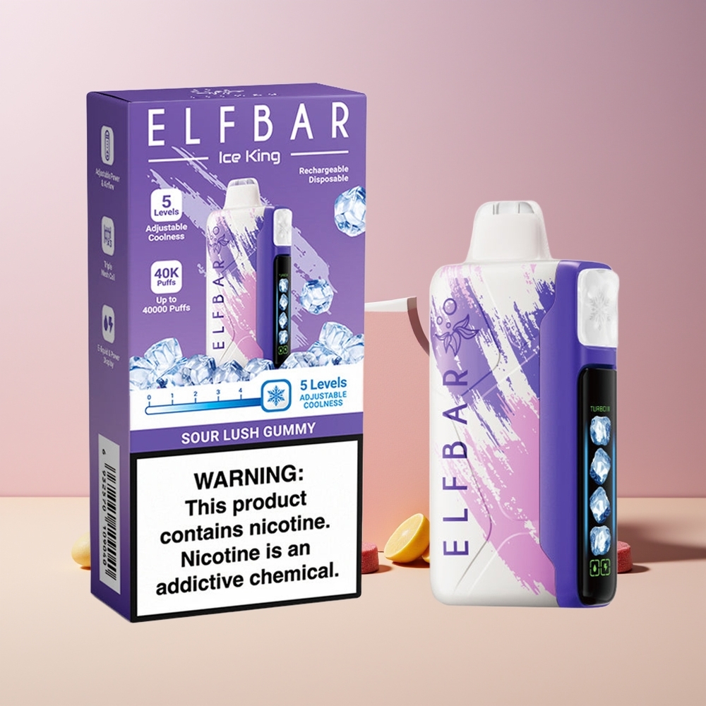 Elf Bar Ice King 40000 Puffs France Grossiste - Dispositif Jetable Rechargeable avec Affichage LCD, 20ml de E-Liquide Prérempli, 5% de Nicotine et Bonbon Aigre-Doux (Sour Lush Gummy)