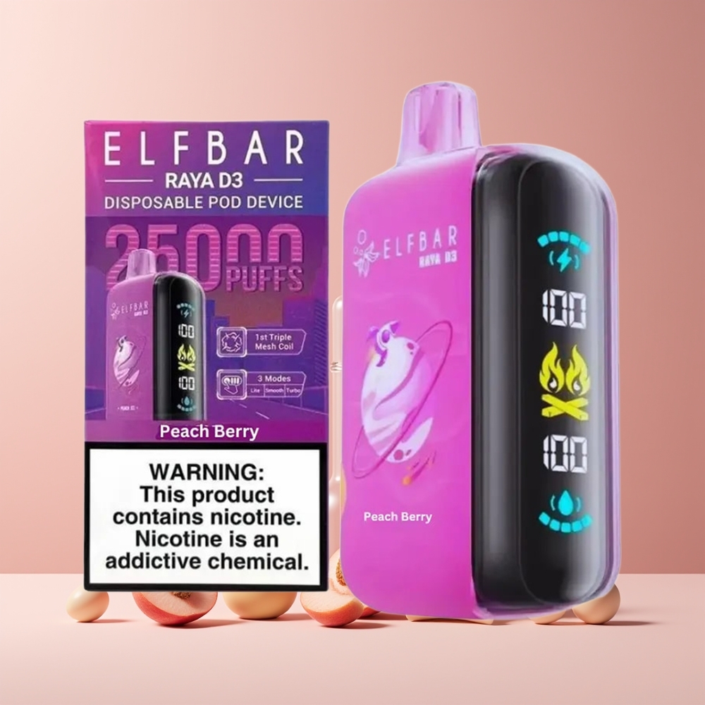 ELF BAR RAYA D3 25000 Puffs France Grossiste - Batterie 850mAh Rechargeable, 23ml E-liquide Prérempli, 5% Nicotine, Écran Large, Port Type-C, Pêche-Baies