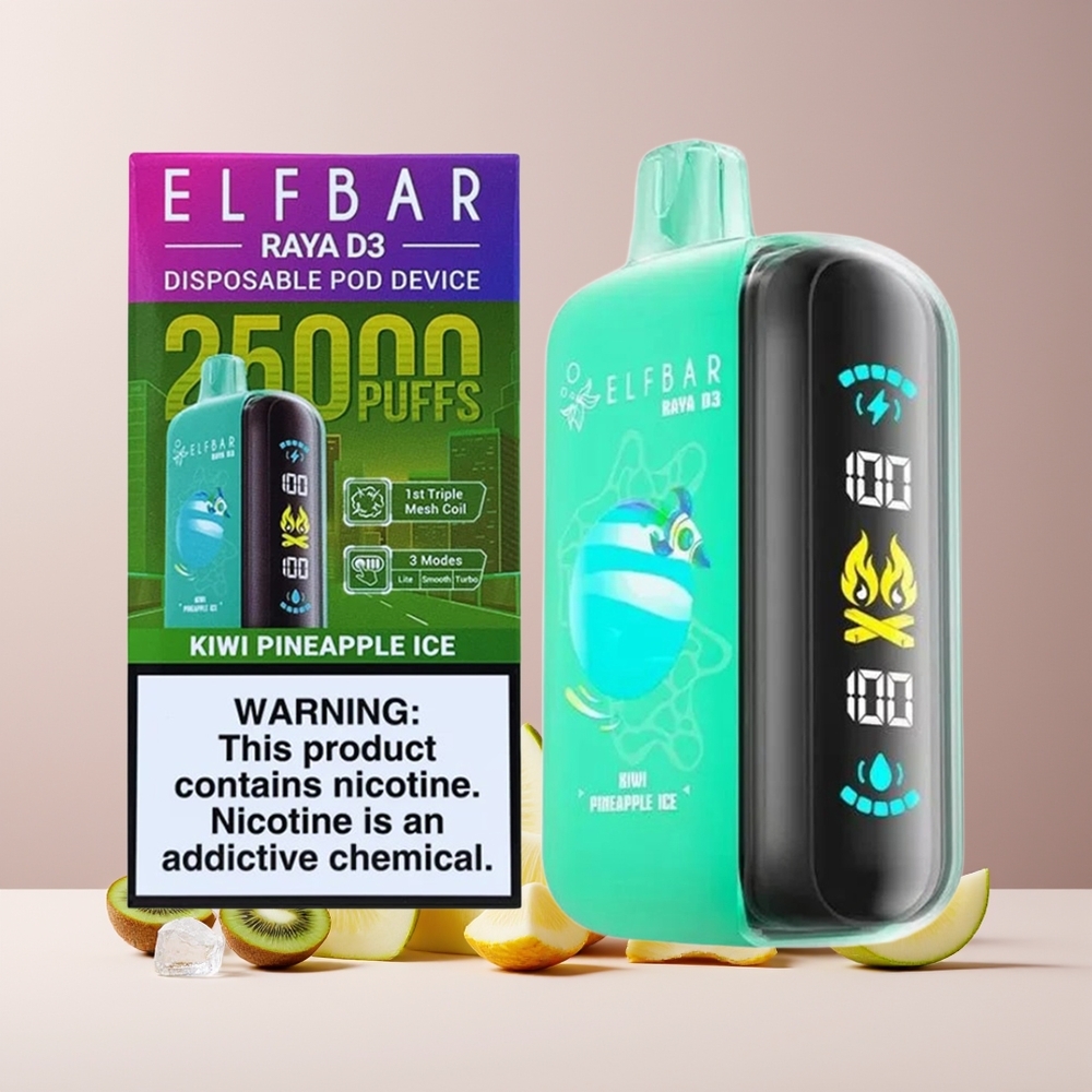 ELF BAR RAYA D3 25000 Puffs France Grossiste - Rechargeable 850mAh, 23ml, 5% Nicotine, Grand écran, Kiwi Ananas Glace