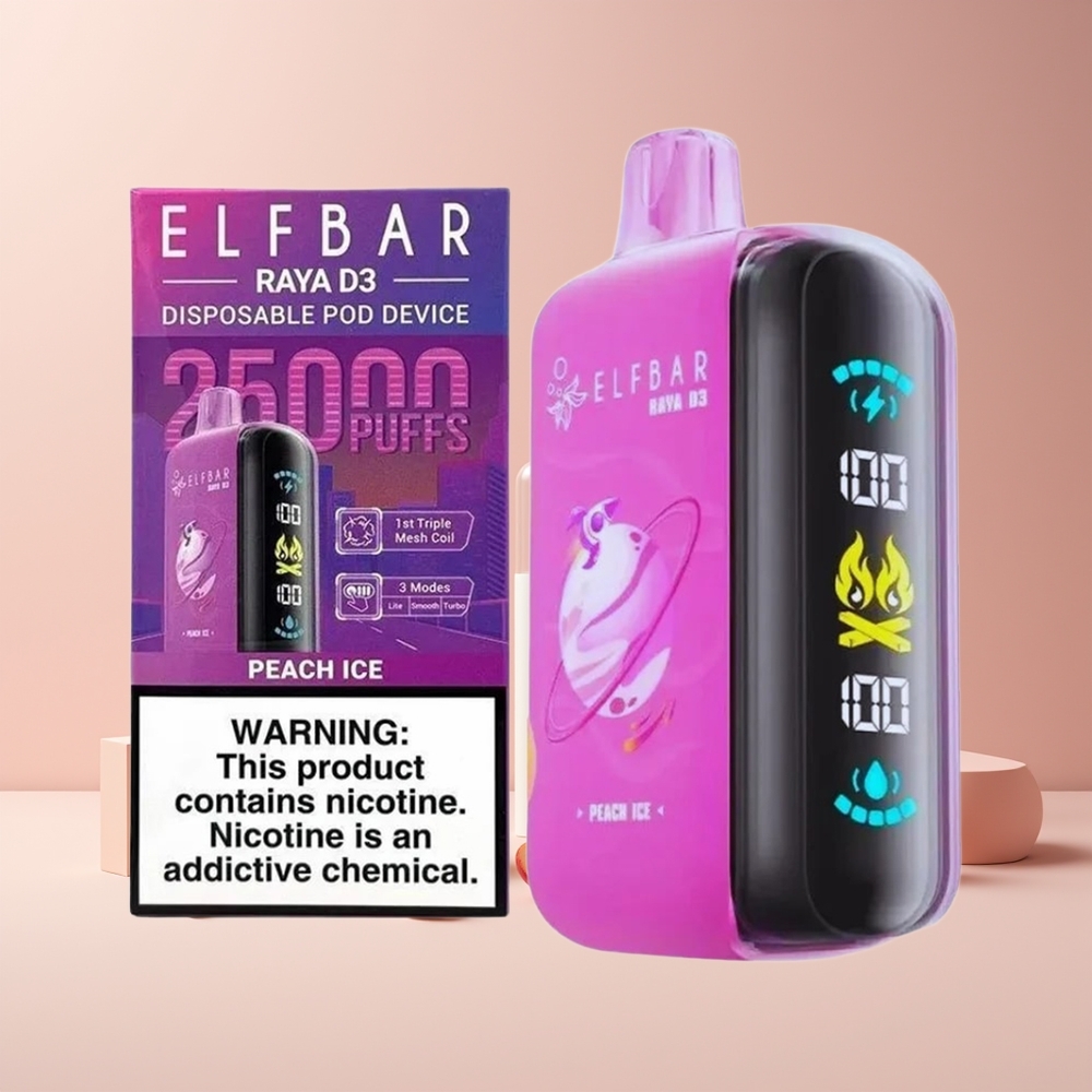 ELF BAR RAYA D3 25000 Puffs France Grossiste - Rechargeable 850mAh, 23ml, 5% Nicotine, Écran Large, 20 Saveurs, Type-C, Pêche Glacée