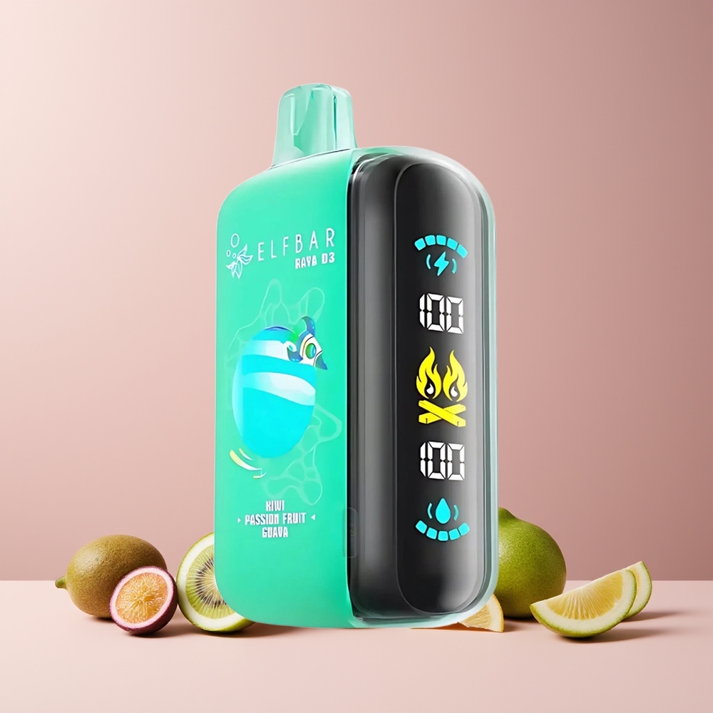 ELF BAR RAYA D3 25000 Puffs France Grossiste - Rechargeable 850mAh, 23ml, 5% Nicotine, Écran Large, Kiwi Fruit de la Passion Goyave