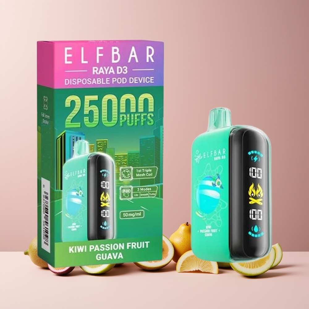 ELF BAR RAYA D3 25000 Puffs France Grossiste - Rechargeable 850mAh, 23ml, 5% Nicotine, Écran Large, Kiwi Fruit de la Passion Goyave