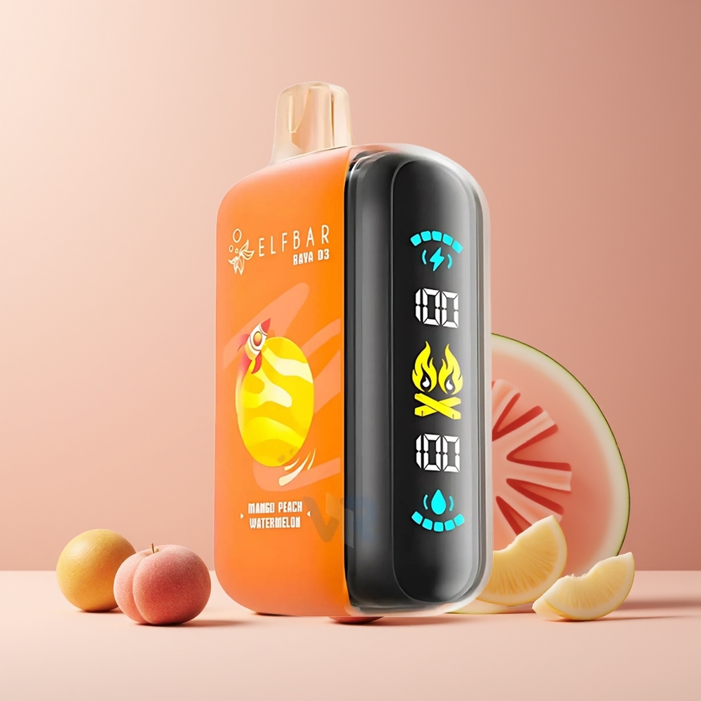 ELF BAR RAYA D3 25000 Puffs France Grossiste - Rechargeable 850mAh, 23ml, 5% Nicotine, Écran Large, Mangue Pêche Pastèque