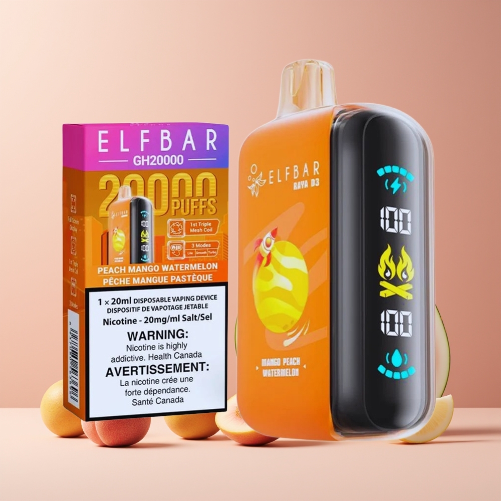 ELF BAR RAYA D3 25000 Puffs France Grossiste - Rechargeable 850mAh, 23ml, 5% Nicotine, Écran Large, Mangue Pêche Pastèque