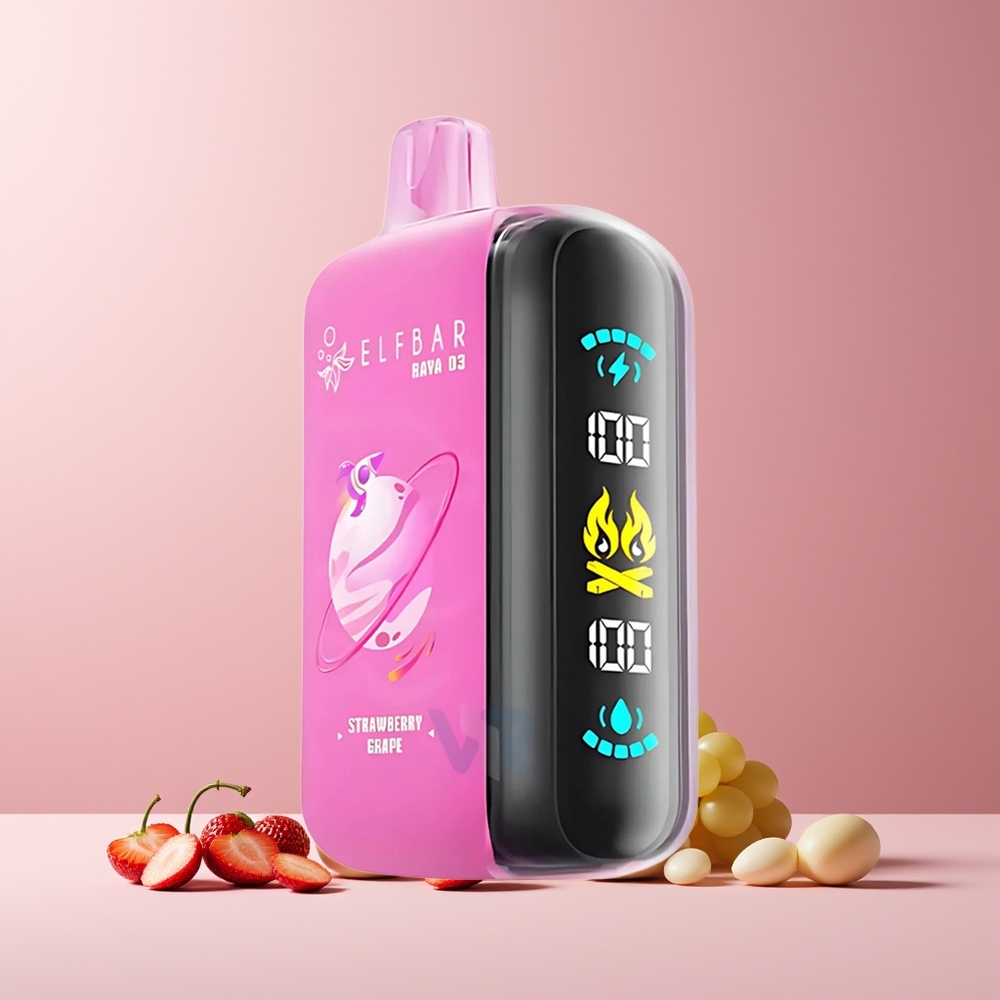 ELF BAR RAYA D3 25000 Puffs France Grossiste - Rechargeable 850mAh, 23ml Pré-rempli, 5% Nicotine, Écran Large, Type-C, Fraise Raisin