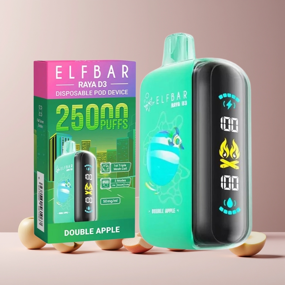 ELF BAR RAYA D3 25000 Puffs France Grossiste - Rechargeable 850mAh, 23ml Prêt-à-Vaper, 5% Nicotine, Double Pomme